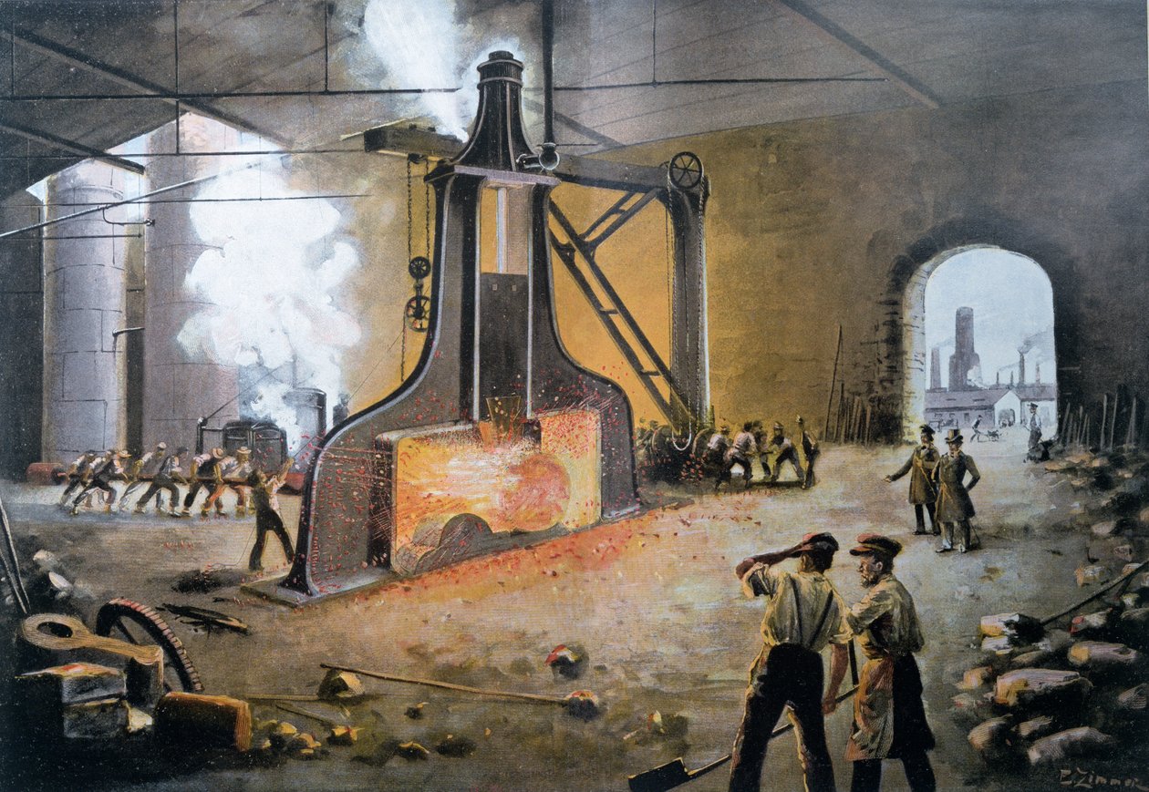 James Nasmythin Saksassa vuonna 1842 keksimä voimavasara, kaiverrus E.Zimmer, Hans Kraemerin Le XIXeme siecle, n. 1900 (värikaiverrus) tekijältä German School