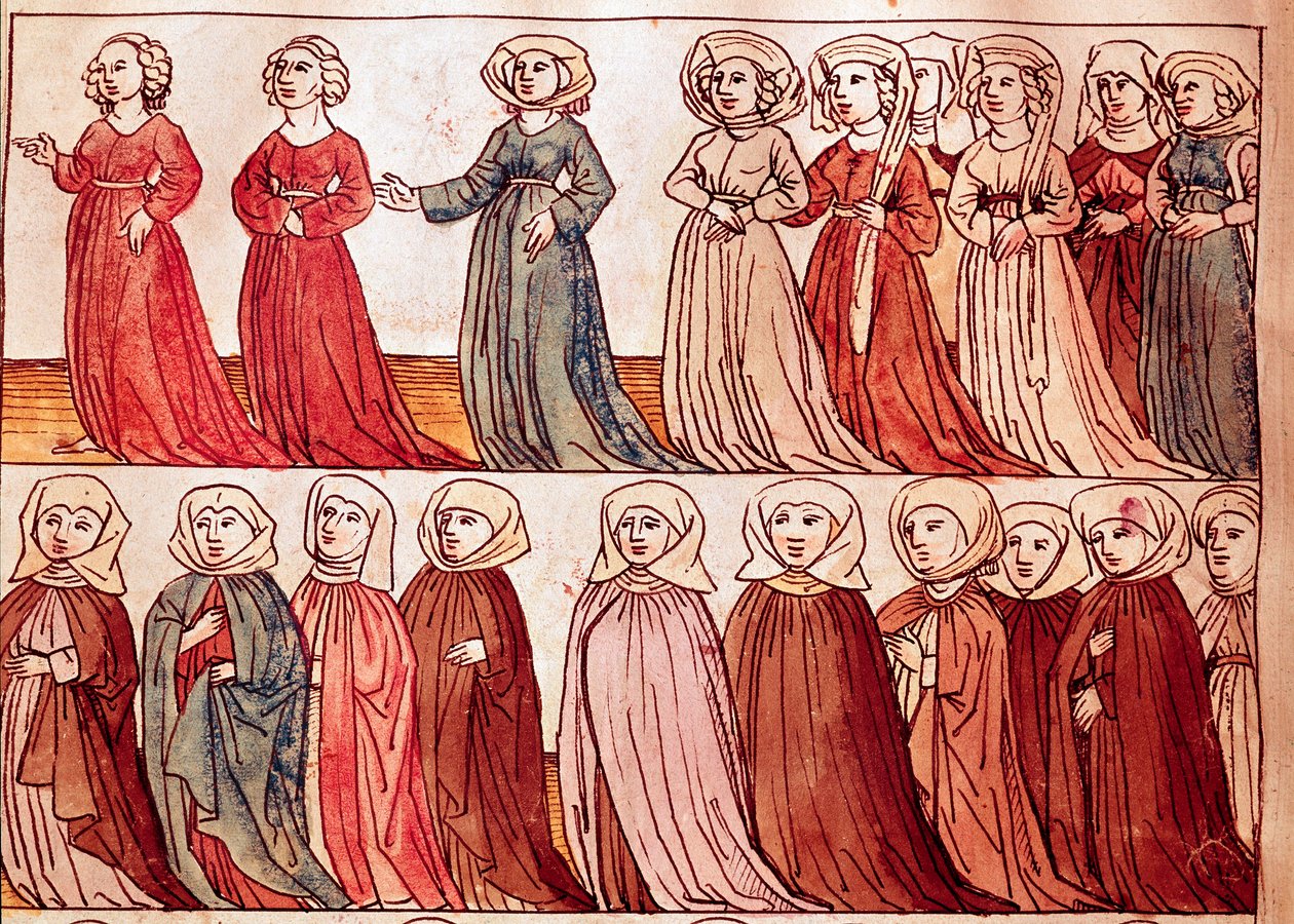 Bohemen naisten kulkue. Miniatyyri Ulrich Richentalin (1360-1437) "Konstanz kirkolliskokouksen kronikoista" 1438 suunnilleen Praha, kansalliskirjasto tekijältä German School