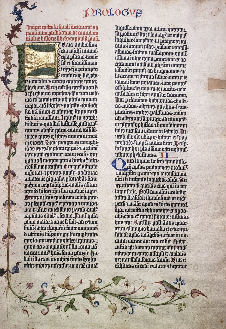 Prologifolio kultaisella ja vihreällä kirjaimella "F" ja reunuksella lehtiä, kukkia, viiniköynnöksiä ja lintua, 1455 tekijältä German School