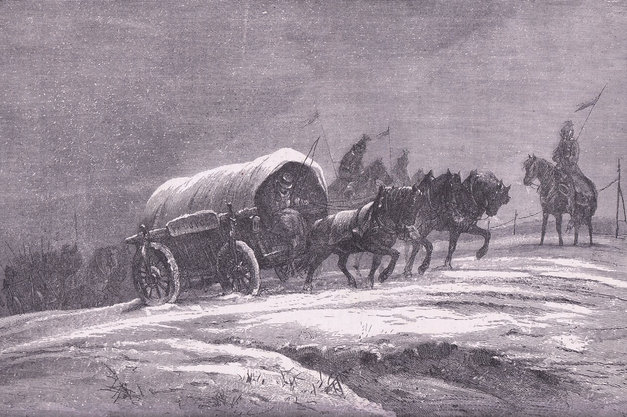 Preussin kenttäposti lumessa, Cassells History of the War of the France ja Saksa julkaisija Cassell and Company Limited, n. 1890 (litho) tekijältä German School