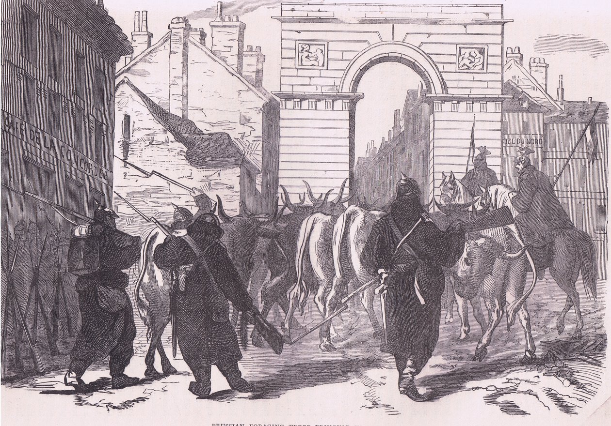 Preussilaiset ravinnonhakujoukot tuomassa karjaa, Cassells History of the War Ranskan ja Saksan välillä, julkaisija Cassell and Company Limited, n. 1890 (litho) tekijältä German School