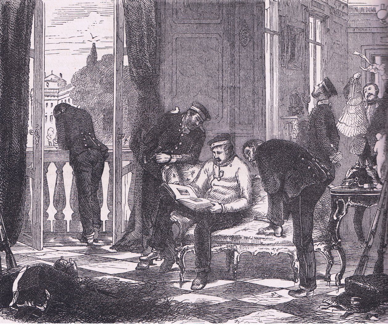 Preussialaiset miehittämässä huvilaa Pariisin lähellä, Cassellsin Ranskan ja Saksan välisen sodan historia, julkaisija Cassell and Company Limited, n. 1890 (litho) tekijältä German School