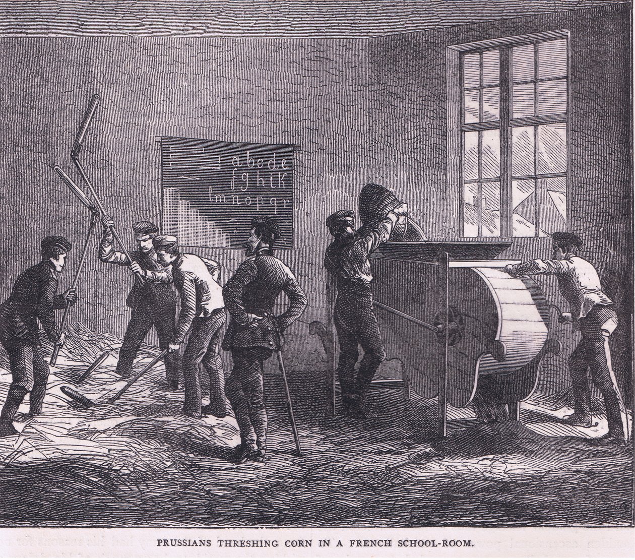 Preussilaiset puimassa maissia ranskalaisessa kouluhuoneessa, Cassells History of the War of the France ja Saksa julkaisija Cassell and Company Limited, n. 1890 (litho) tekijältä German School