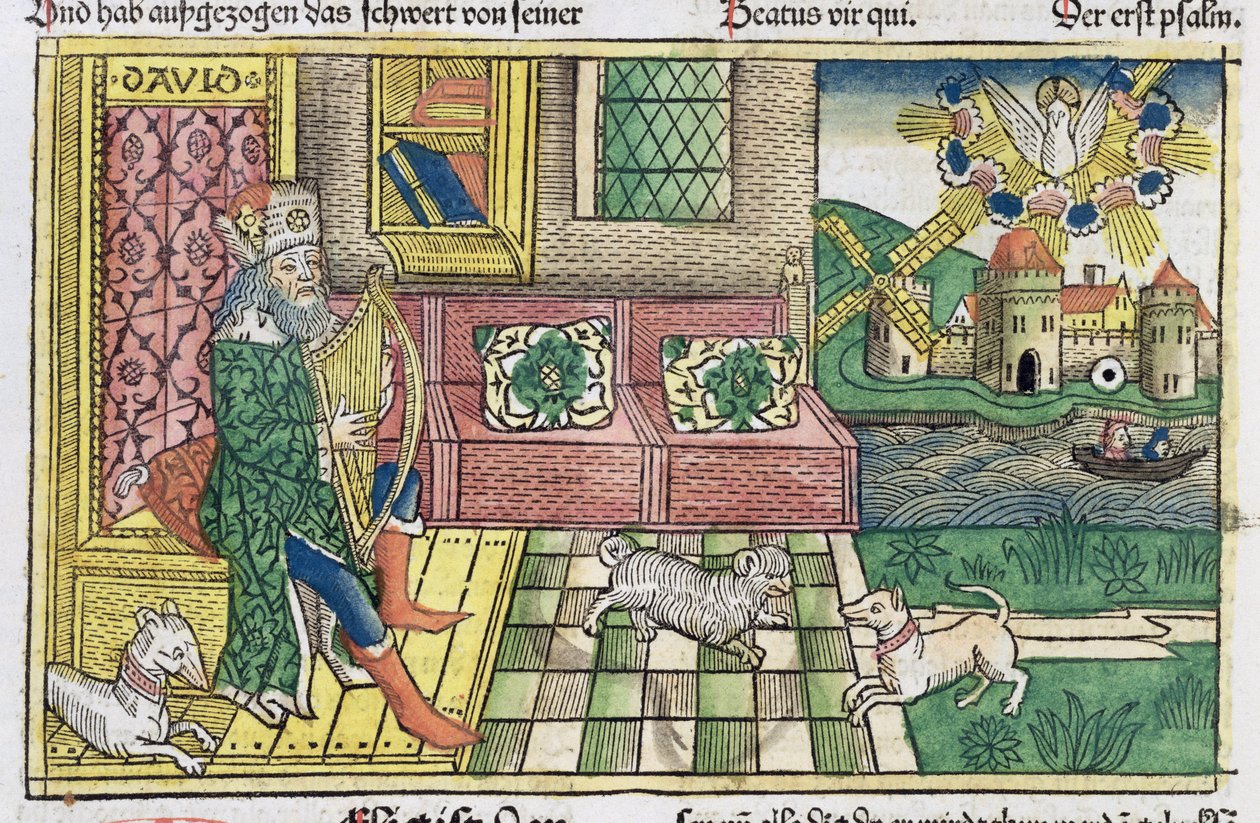 Psalmit: etulevy, jossa kuningas Daavid soittaa lyyraa, Nürnbergin Raamatusta (Biblia Sacra Germanaica) (värillinen puupiirros) tekijältä German School