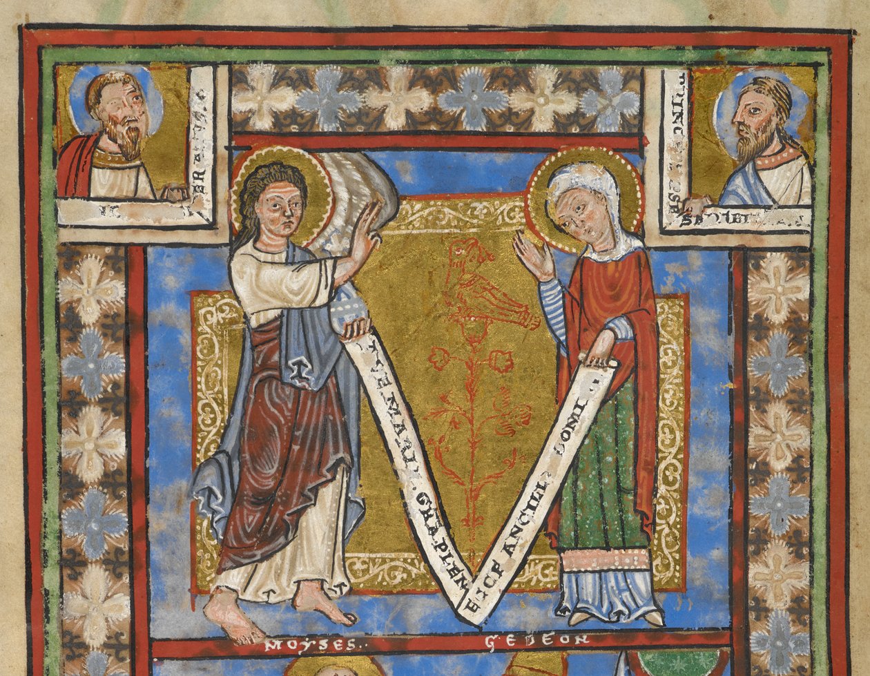 Psalterin fragmentti "Psalter of Henry the Lion", f.7v, yksityiskohta Annunciation kanssa, n. 1168-89 (pergamenttikoodi) tekijältä German School