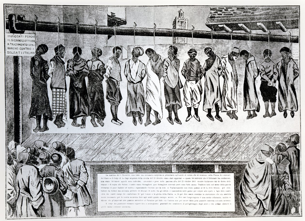 Italian hyökkäystä vuonna 1911 vastustaneiden Tripolin kansalaisten julkinen teloitus Simplicissimus-lehdestä, 1912 tekijältä German School