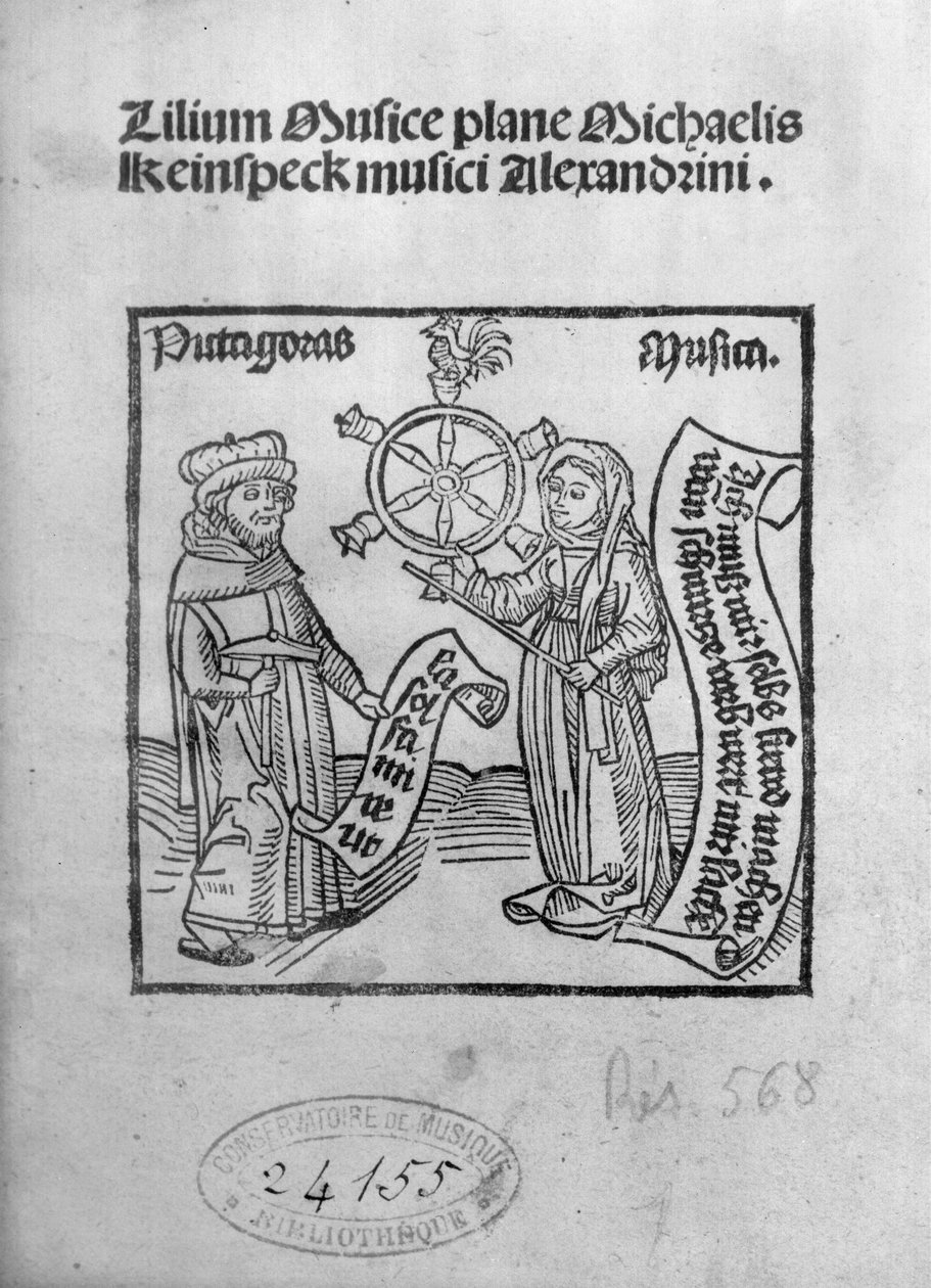 Pythagoras (n. 580-500 eKr.) ja musiikki, nimisivu Michael Keinspeckin Lilium Musicaesta, Augsburg, julkaistu vuonna 1500 tekijältä German School