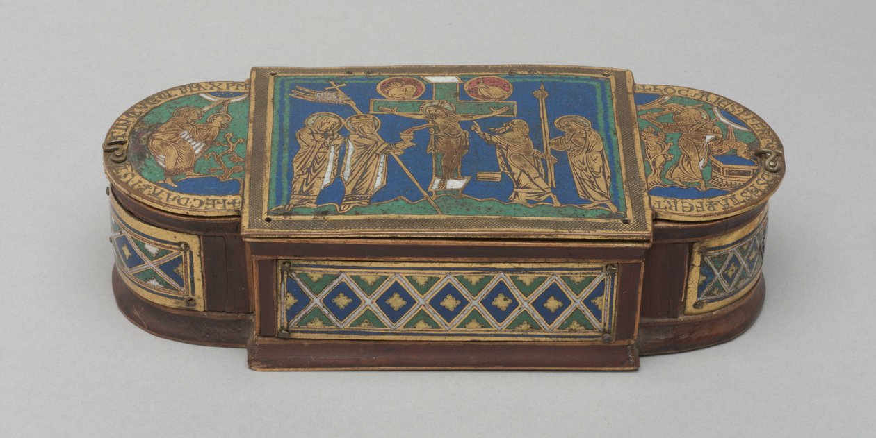Pyx, n. 1170-1180 (kullattu kupari, champlevé ja cloisonné emali, puuydin (moderni)) tekijältä German School