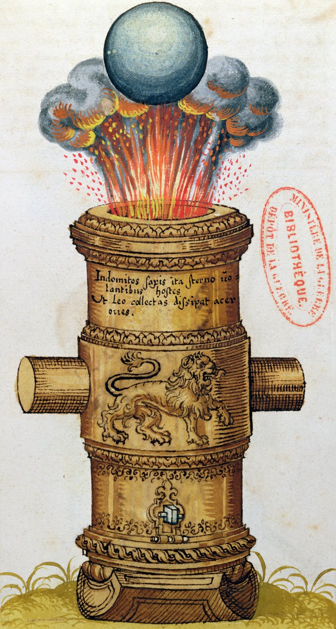Korotettu tykki ampuu kanuunankuulaa, Art of Artillery, 1570 (wc) tekijältä German School