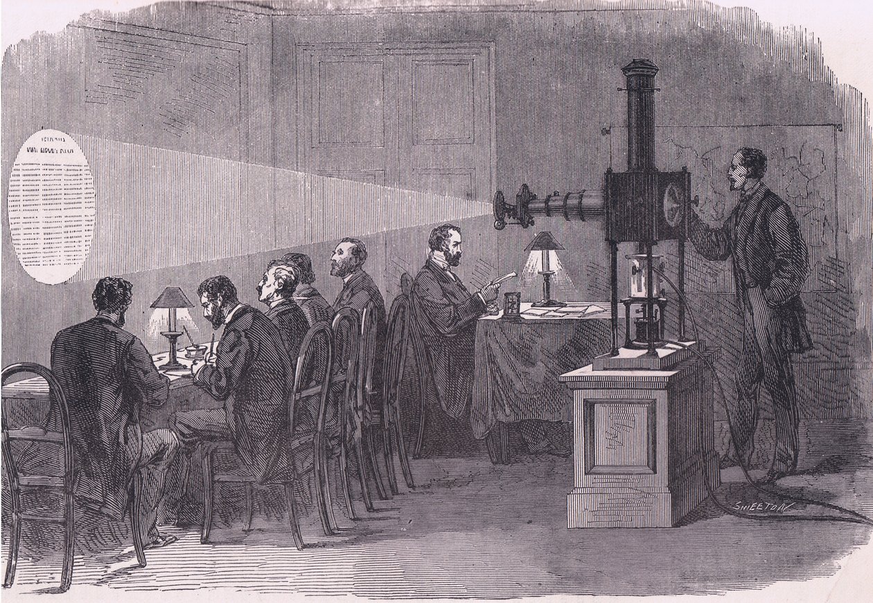 Ilmapallojen lähtöjen lukeminen mikroskoopilla, Cassells History of the War of the France ja Saksa, julkaisija Cassell and Company Limited, n. 1890 (litho) tekijältä German School
