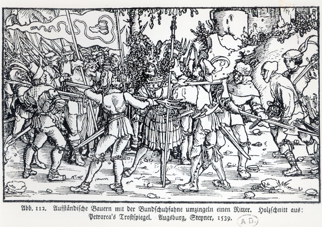 Kapinalliset talonpojat ritari ympärillä, Petrarchin Trostspiegelin kuvituksesta, 1539 tekijältä German School