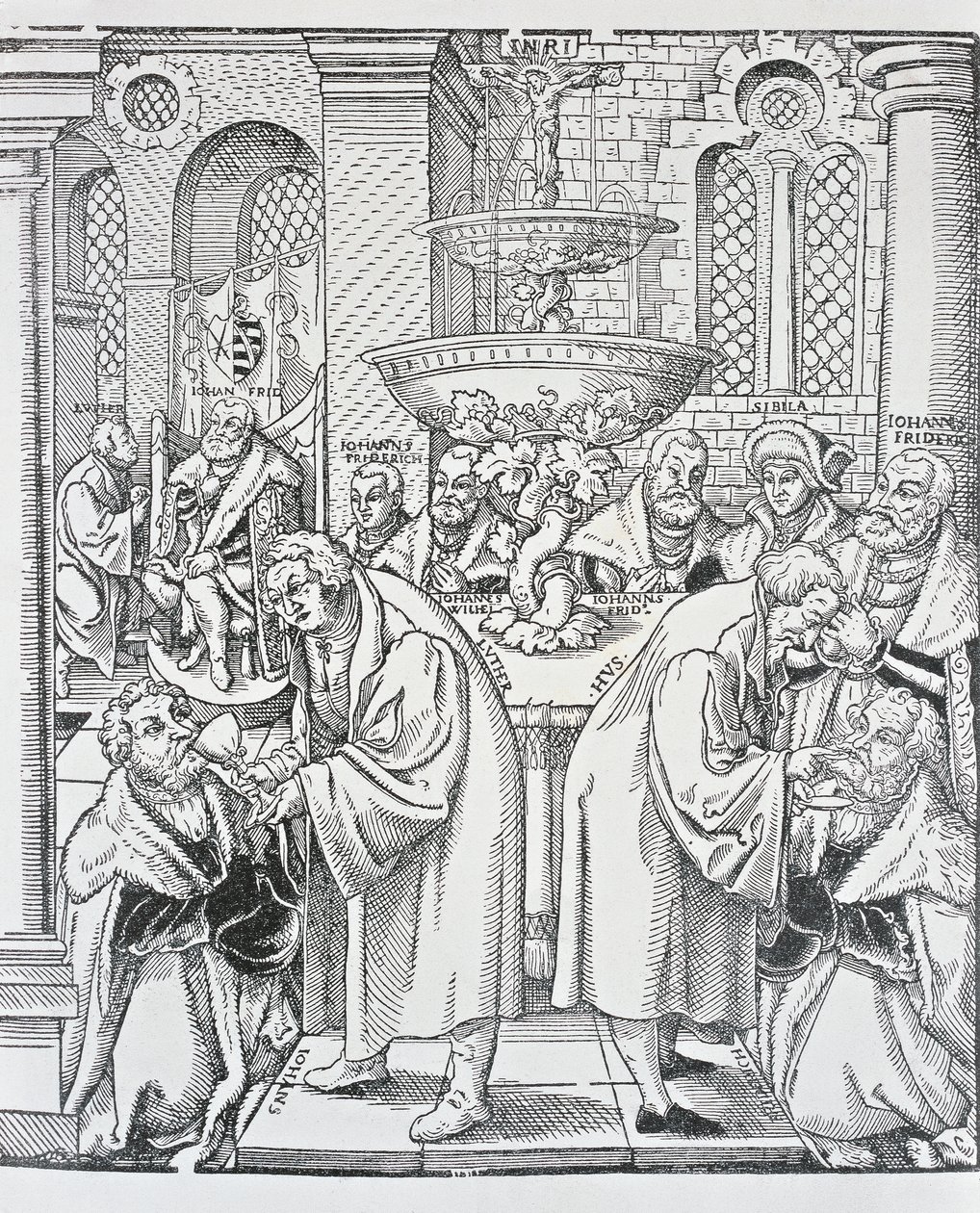 Uskonpuhdistajat Martin Luther ja Jan Hus jakavat ehtoollisen (kaiverrus) tekijältä German School