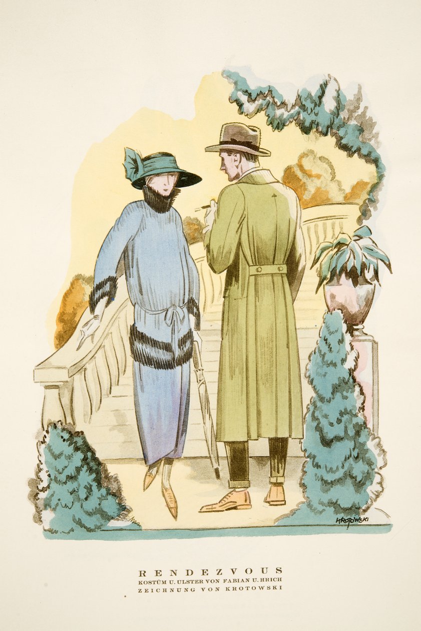 Rendezvous, asu ja "Ulster" päällystakki, Fabian & Hrich, Styl, pub.1922 (pochoir print) tekijältä German School