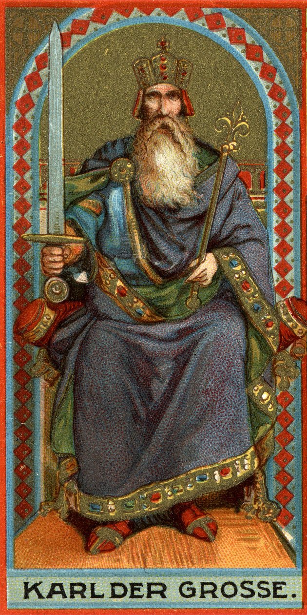 Edustus Kaarle Suurta (742-814), frankkien kuningasta, lombardia ja sitten keisaria. Kromolitografia tekijältä German School