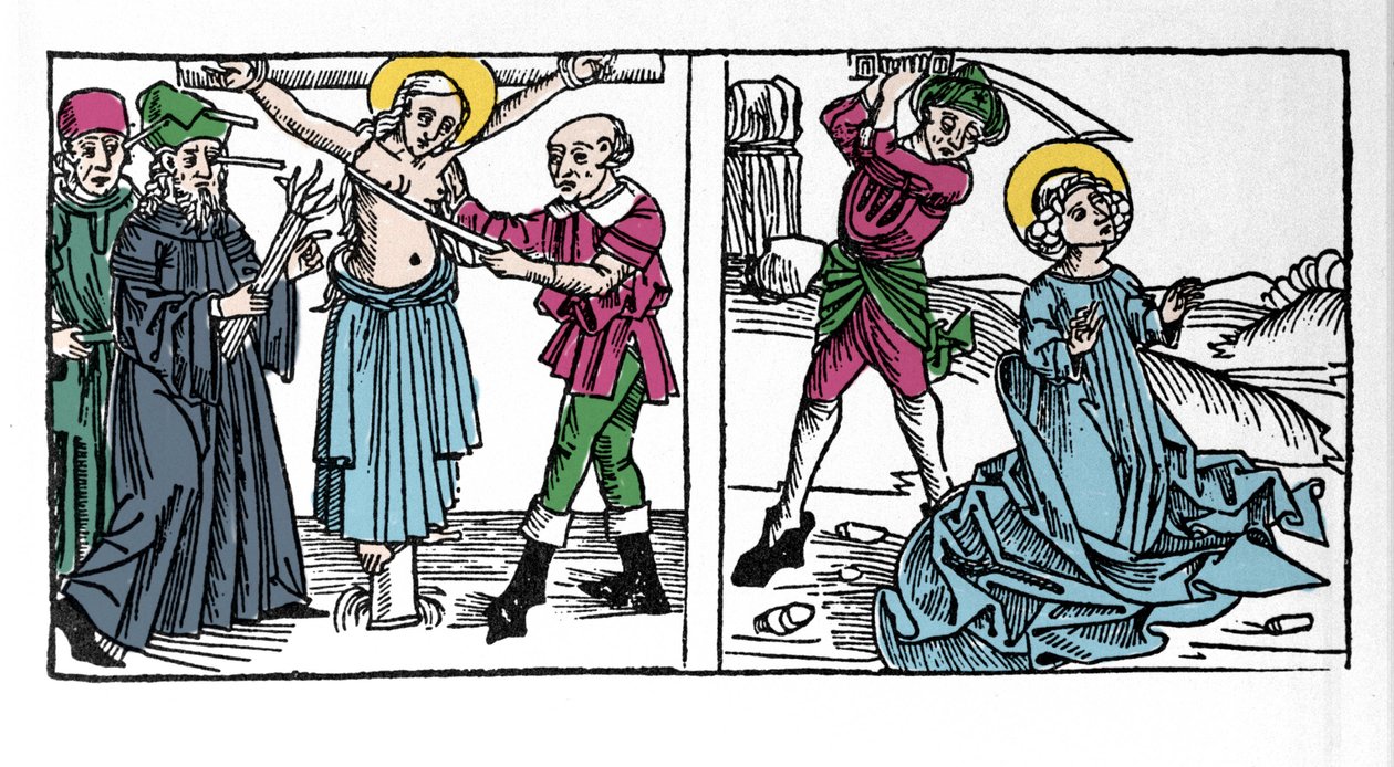 Kuvaus 2. vuosisadan kristityn Pyhän Serafian (Serapia) marttyyrikuolemasta (Seraphia of Syria). Kaiverrus "Leben der Heiligen - sommerteil" (pyhimysten kirja), jonka on kirjoittanut Jacobus (James) Voragine (1228-1298). Lyypekki 1488. tekijältä German School