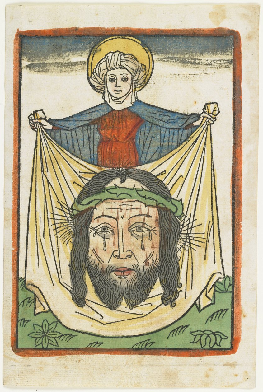 Pyhä Veronica ja sudarium, n. 1475 (käsinvärinen puupiirros) tekijältä German School