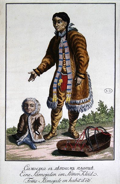 Samojedinainen kesävaatteissa vauvan ja kehdon kanssa, 1700-luvun loppu (värillinen kaiverrus) tekijältä German School