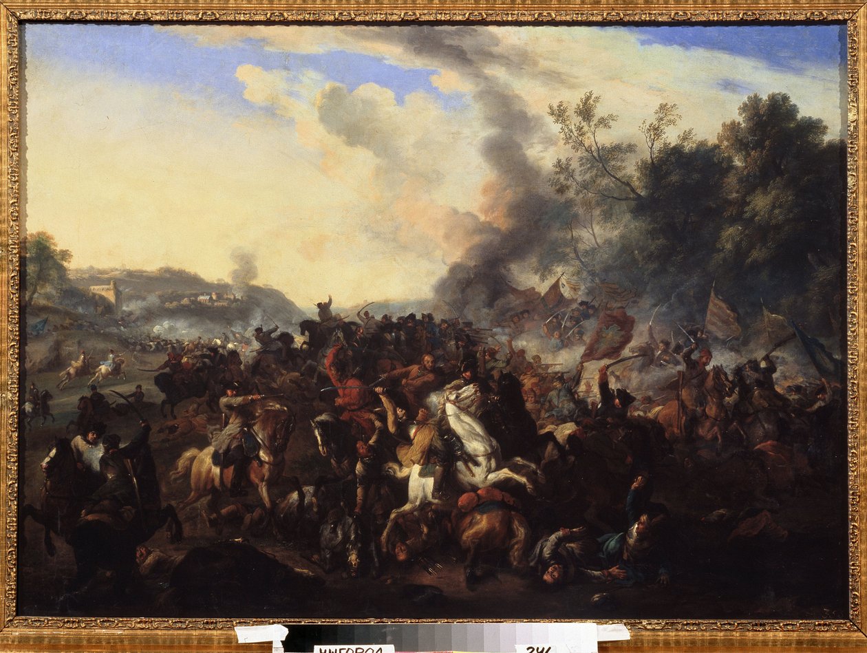 ""taistelukohtaus"" Ratsumiehet ja hevoset kasaantuvat taistelun aikana. Nimetön maalaus saksalaisesta koulusta. 17th Century Regional Art Museum, Uzhhorod, Ukraina tekijältä German School
