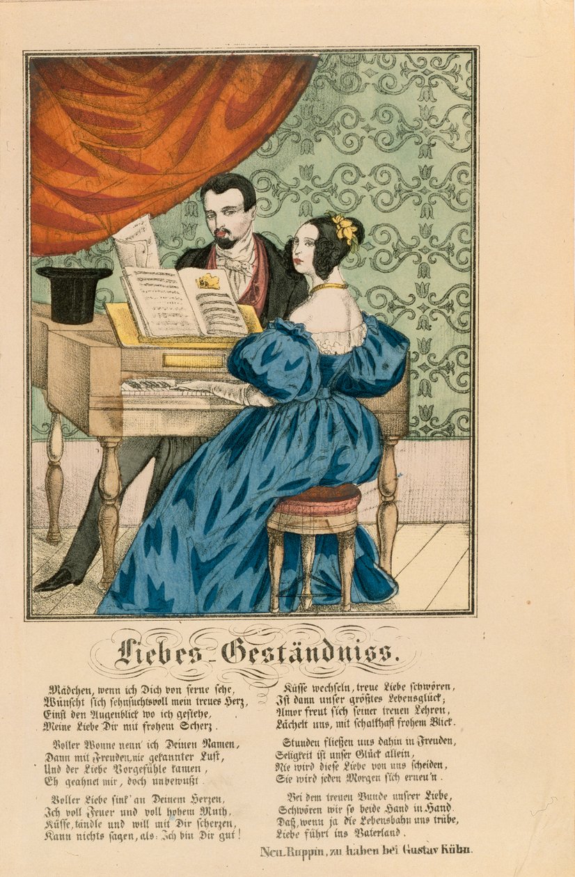 Kohtaus pariskuntaa pianon ääressä, jonka alle on kirjoitettu rakkausruno, Neuruppiner Bilderbogen, 1850 tekijältä German School