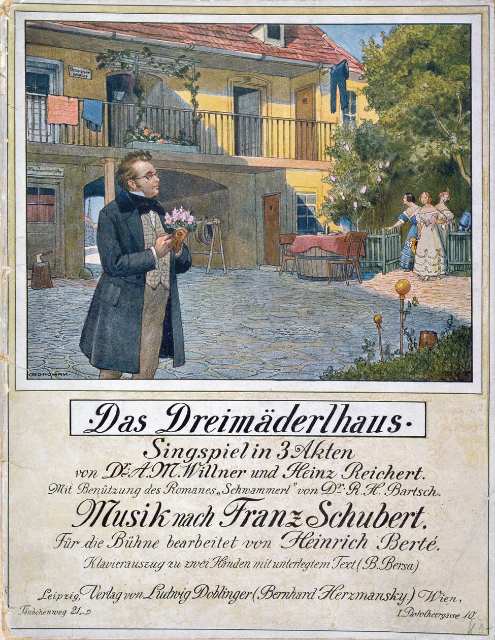 Das Dreimaederlhausin (Kolmen tytön talo) musiikkikansi, joka esittää Schubertin talon edessä, 1916 tekijältä German School