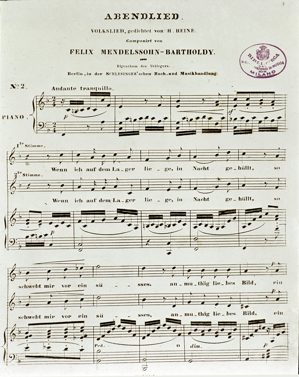 Felix Mendelssohnin Abendliedin tulossivu tekijältä German School