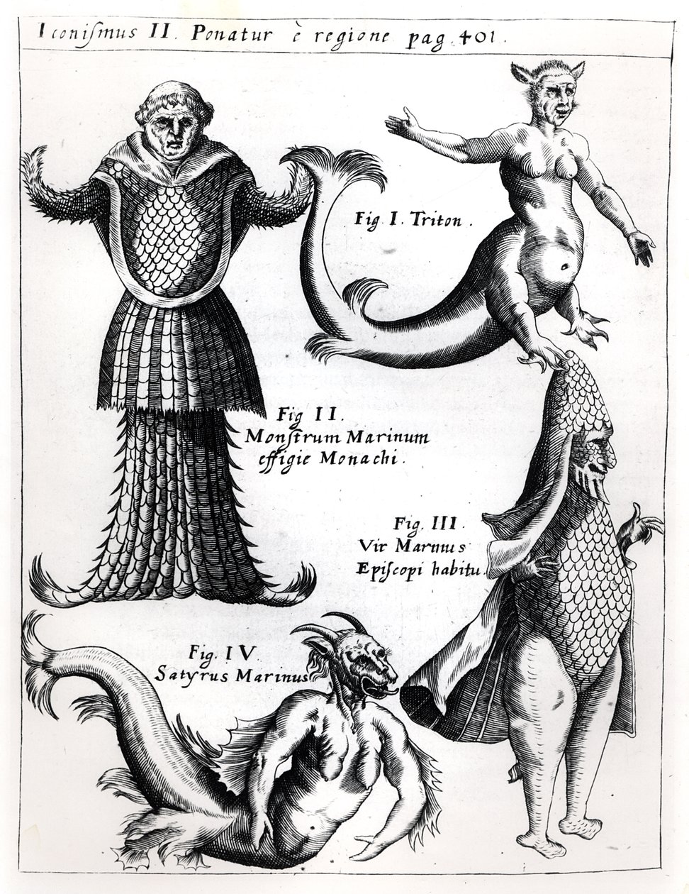 Merihirviöt, kuvitus Physica Curiosasta, kirjoittanut Gaspar Schott S.J. (1608-66), julkaistu Würzburg 1662 tekijältä German School