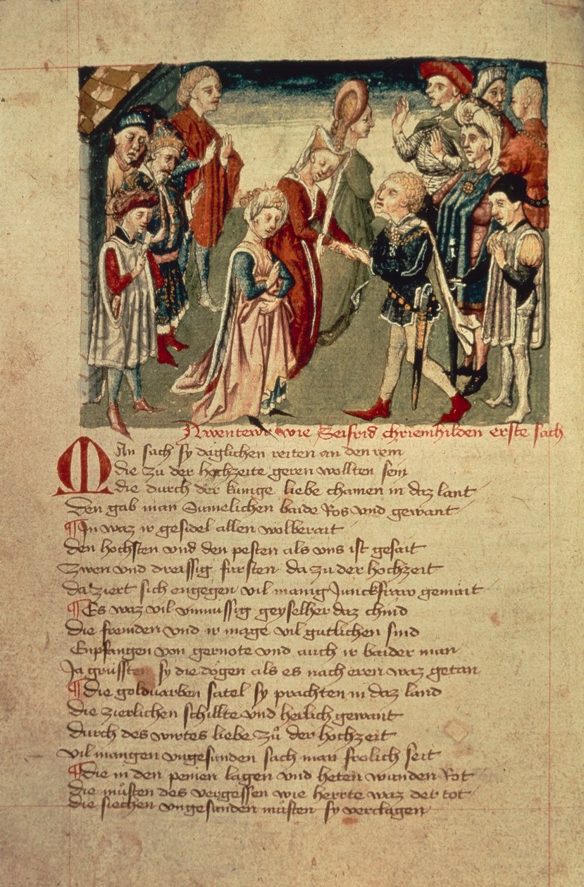 Siegfried näkee Kreimhildin ensimmäistä kertaa "Hundeshagen Nibelungen Codexista" (vellum) tekijältä German School