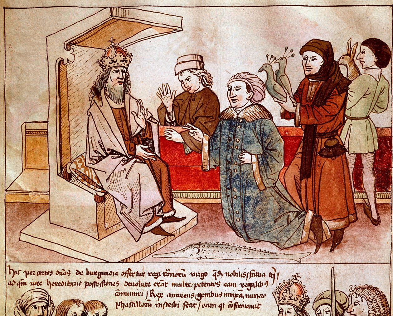 Pyhän valtakunnan keisari Sigismund I Luxemburg (1368-1437) vastaanottaa alistuvien kansojen kunnianosoituksen. Miniatyyri Ulrich Richentalin (1360-1437) "Konstanz kirkolliskokouksen kronikoista" 1438 suunnilleen Praha, kansalliskirjasto tekijältä German School