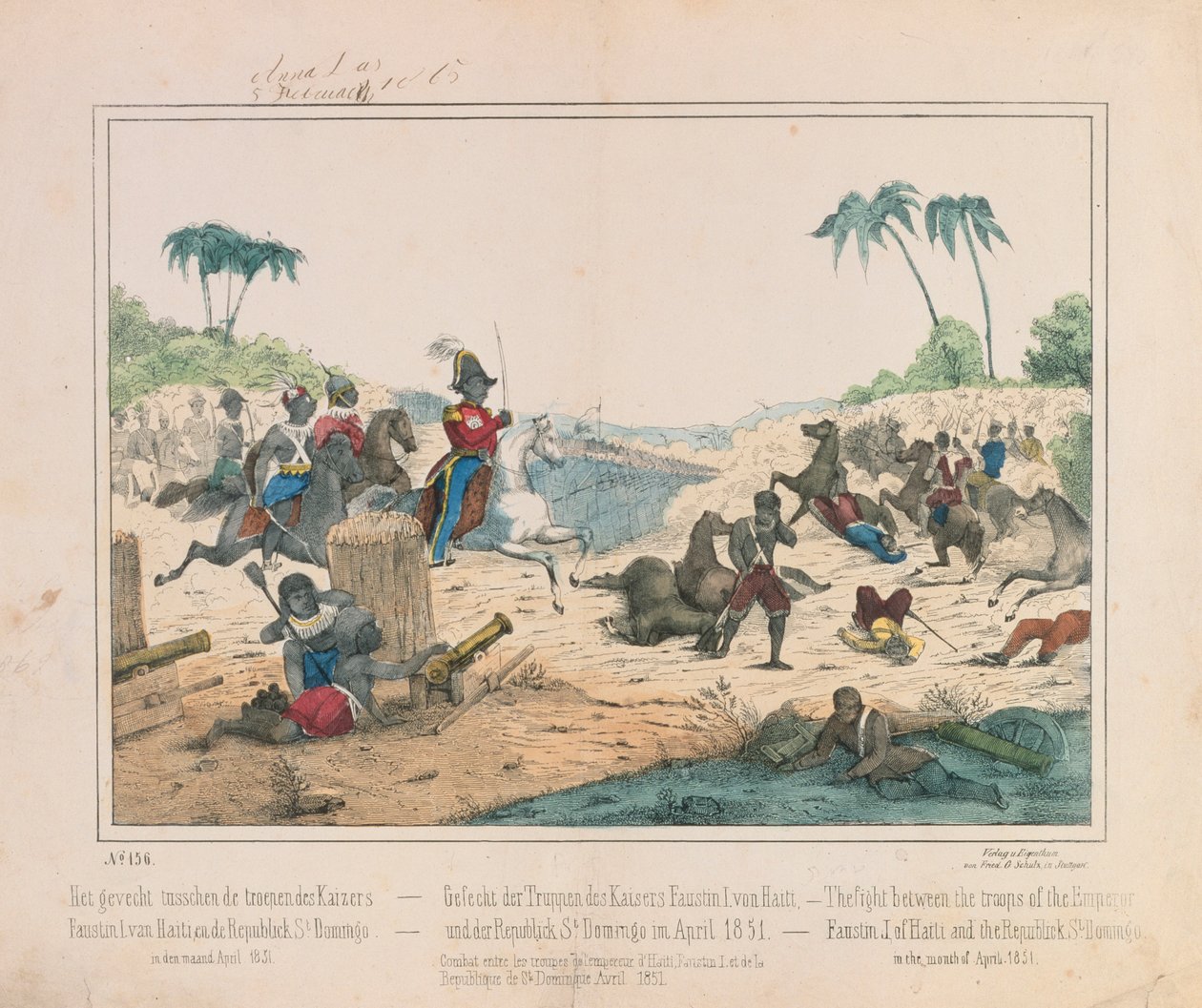 Haitin keisari Faustin I:n ja Santo Domingon Dominikaanisen tasavallan joukkojen välinen kahakka huhtikuussa 1851, Friedin julkaisema kuvalehti. Schulz Verlag, Stuttgart, 1851 tekijältä German School