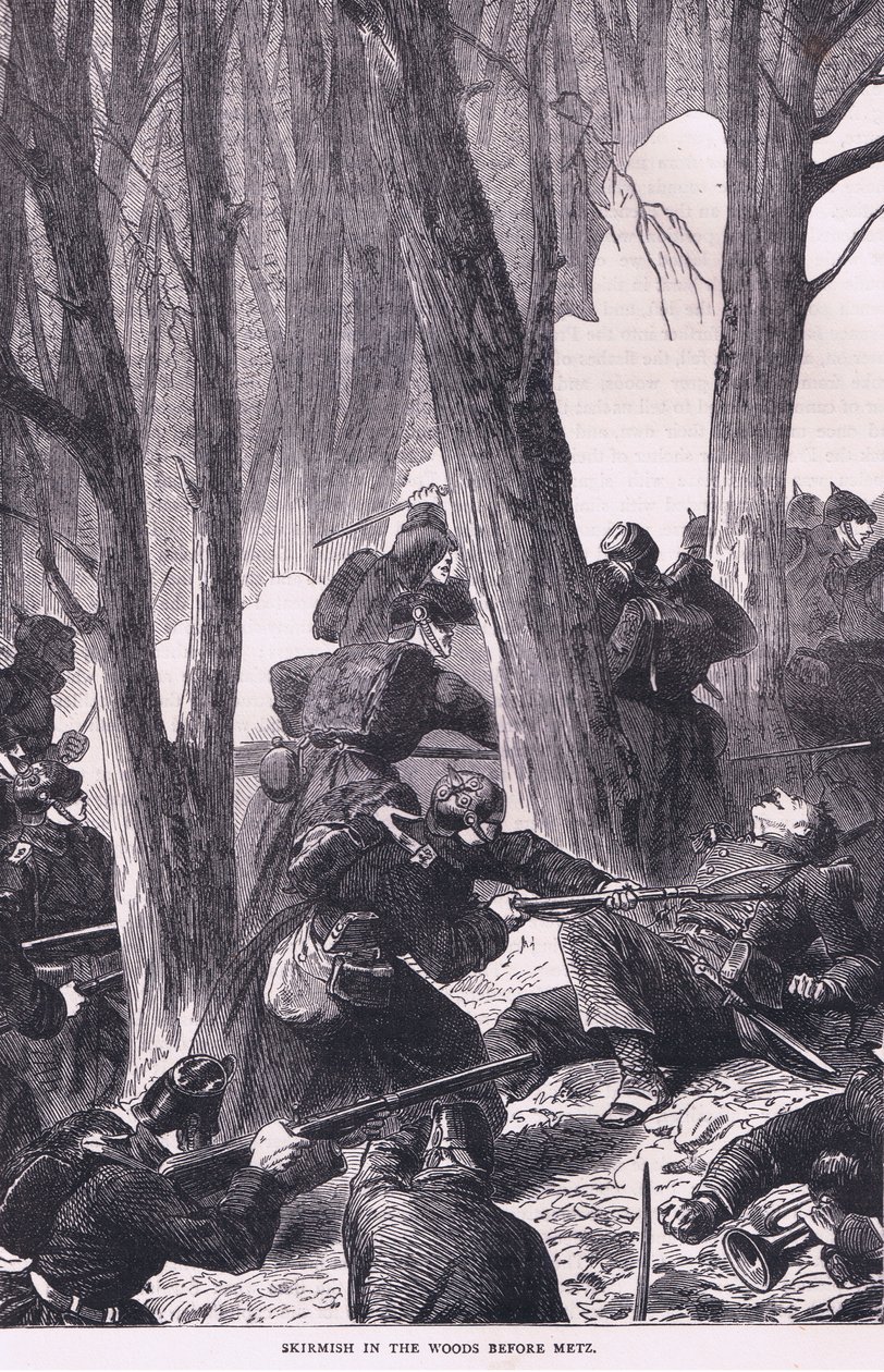 Kahakka metsässä ennen Metziä, Cassells History of the War välillä Ranskan ja Saksan välillä, julkaisija Cassell and Company Limited, n. 1890 (litho) tekijältä German School