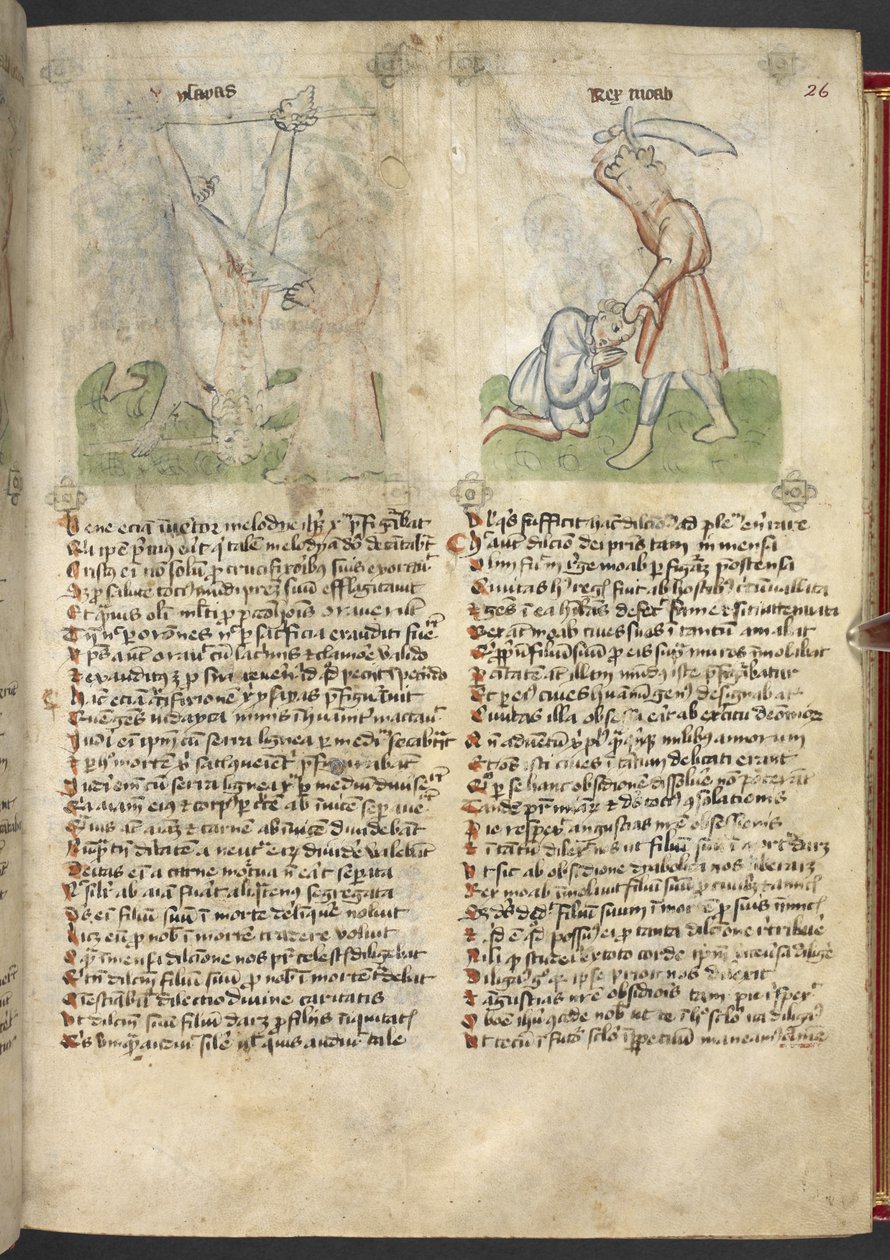 Sloane 361, f.26 Jesajan marttyyrikuolema; Kuningas Moab uhraa poikansa Speculum Humanae Salvationista (muste ja väri vellum) tekijältä German School