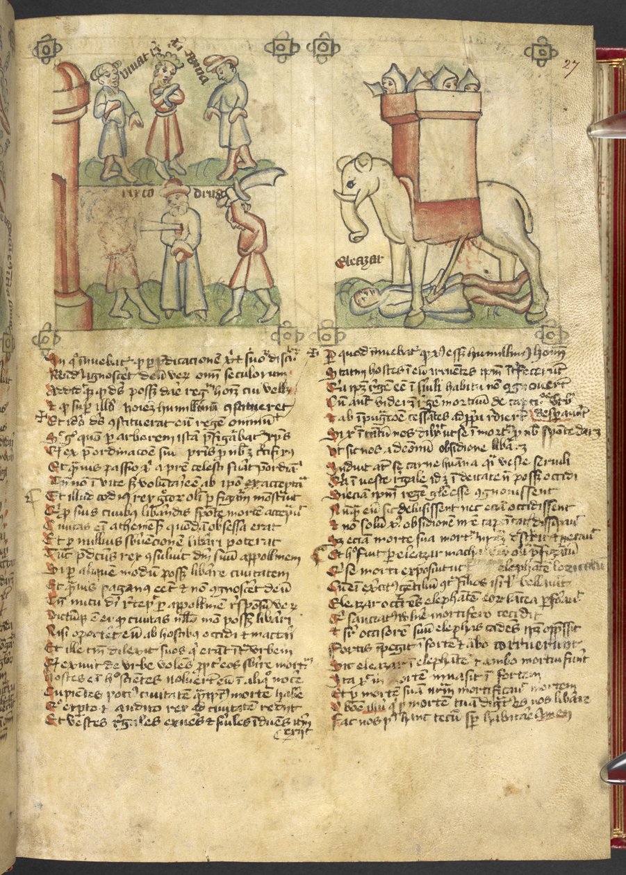 Sloane 361, f.27 Kuningas Codrus antaa itsensä tapetuksi kansansa puolesta, ja Eleazar Maccabeus puukotti elefanttia ja joutui sen murskaantumaan, 