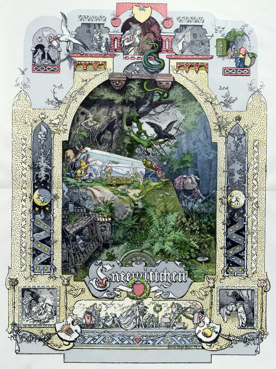 Lumikki hänen lasikahvissaan, kuvitus Munchener Bilderbogenista, n. 1880 tekijältä German School