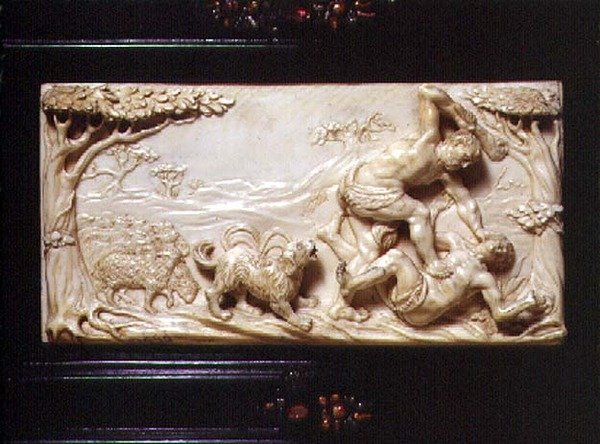 Eteläsaksalainen taidekaappi, yksityiskohta kaiverretusta taulusta, joka kuvaa Kainia ja Abelia, 1690 tekijältä German School