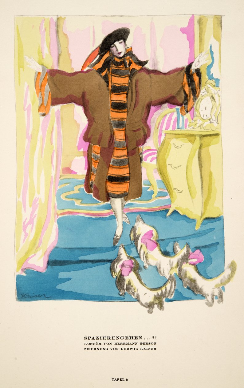 "Spazierengehen !", mainos Hermann Gersonin puvusta, julkaisusta Styl, pub.1922 (pochoir-painatus). tekijältä German School