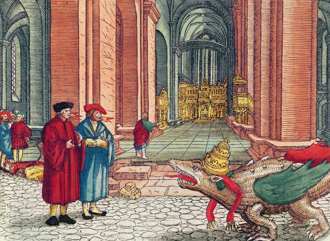 Kielillä puhuminen, helluntai, Lutherin Raamatusta, n. 1530 (värillinen puupiirros) tekijältä German School