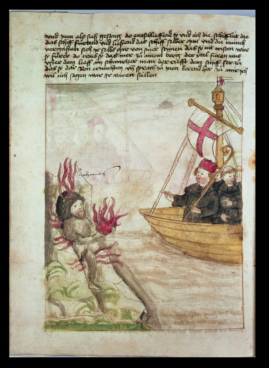 St Brendan aluksellaan saksankielisestä käännöksestä The voyage of St Brendan Abbot, n. 1476 tekijältä German School