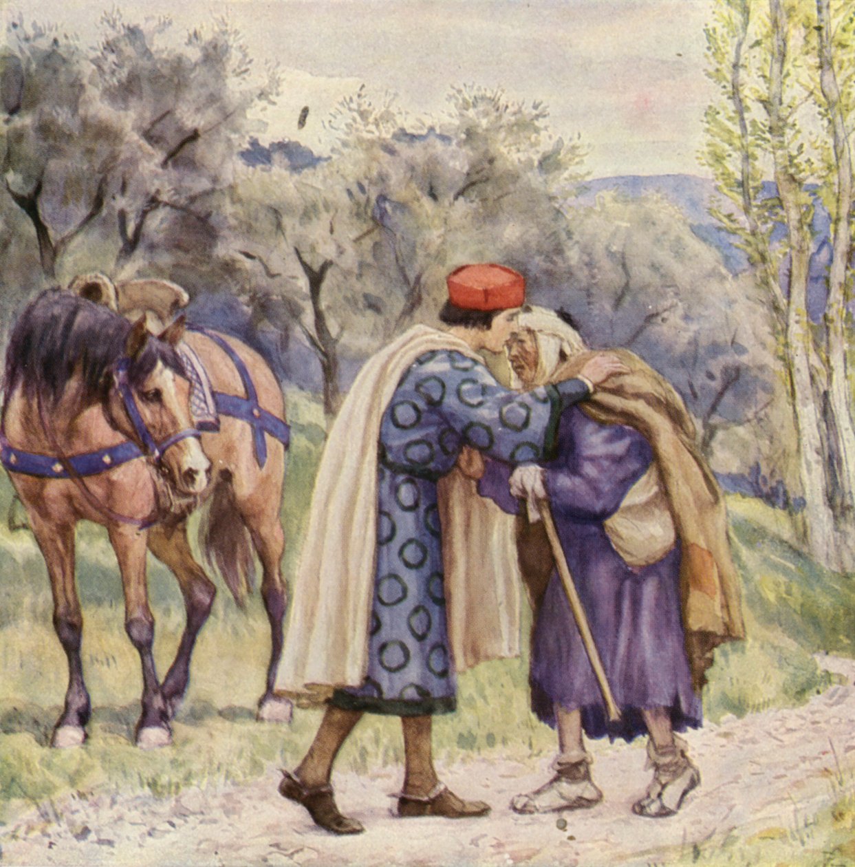 Pyhä Fransiskus suutelee spitaalista (värilitografia) tekijältä German School