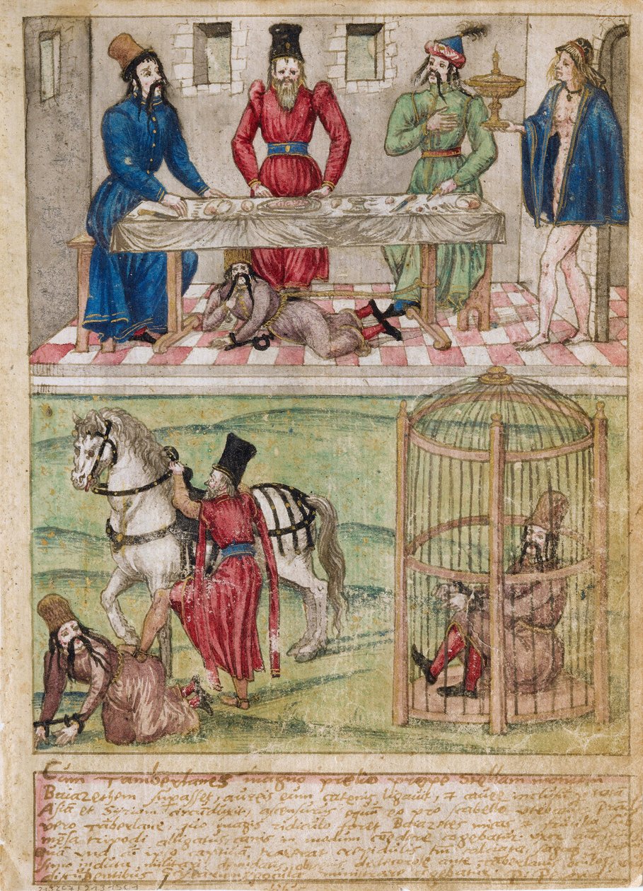 Sulttaani Bayezid (Bajazet) I (noin 1360-1389) joutuu Tamerlanen (1336-1405) (tai Timur Lang, "Timur ontuva") vangiksi Ankaran taistelun jälkeen vuonna 1402. Vesiväri 1500-luvun pergamentille saksalainen mestari. Yksityinen kokoelma tekijältä German School