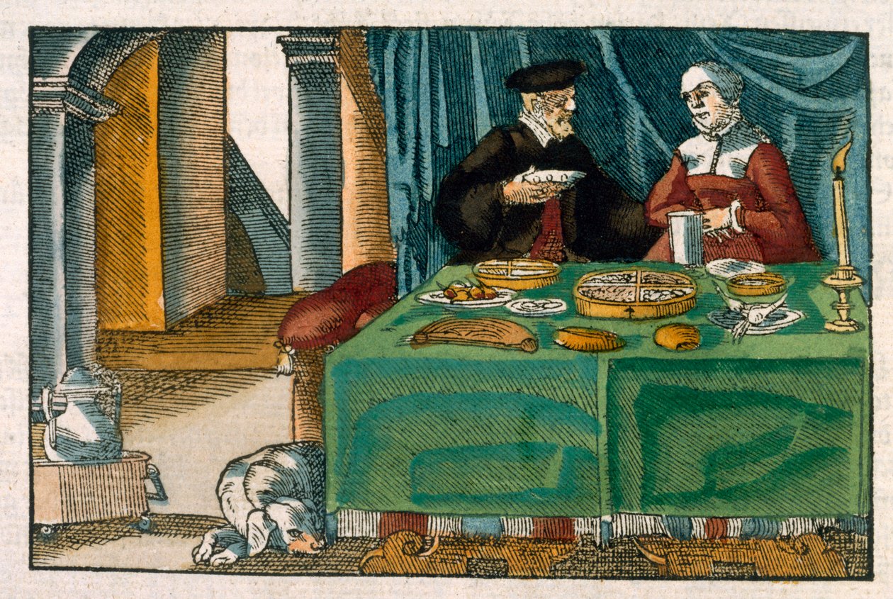 Ateriapöytä, saksalaisesta käsikirjoituksesta, n. 1650 (käsinvärinen kaiverrus) tekijältä German School