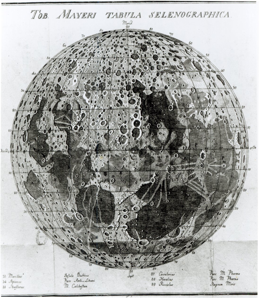 Kuun pinta, kuvitus Johann Hieronymus Schroeterin Selenotopographische Fragmentesta, julkaistu vuonna 1791 tekijältä German School