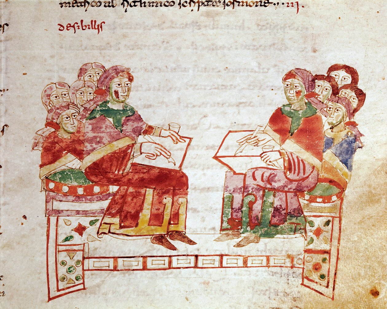 Opetuskohtaus pienoiskoulussa Rabanus Maurus Magnentiuksen (tai Raban Maurin tai Rabano Mauron) "De Universo" (tai De rerum naturis (De la Nature des choses)) (cod. 132) teoksesta "de Gymnasium" ( noin 780-856). 9. vuosisadalla. Arkisto tekijältä German School