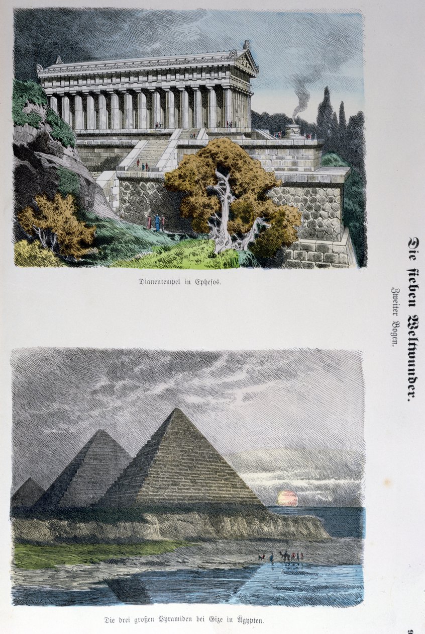 Dianan temppeli Efesoksessa ja Gizan pyramidit, Munchener Bilderbogenissa 1886 julkaistusta maailman seitsemän ihmeen sarjasta (värikaiverrus) tekijältä German School