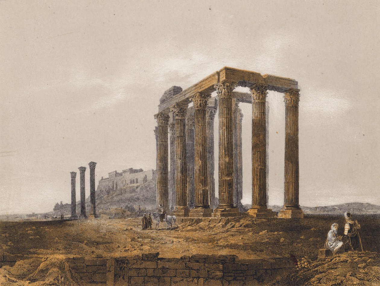 Olympos Zeuksen temppeli, Ateena, Kreikka (värilitografia) tekijältä German School