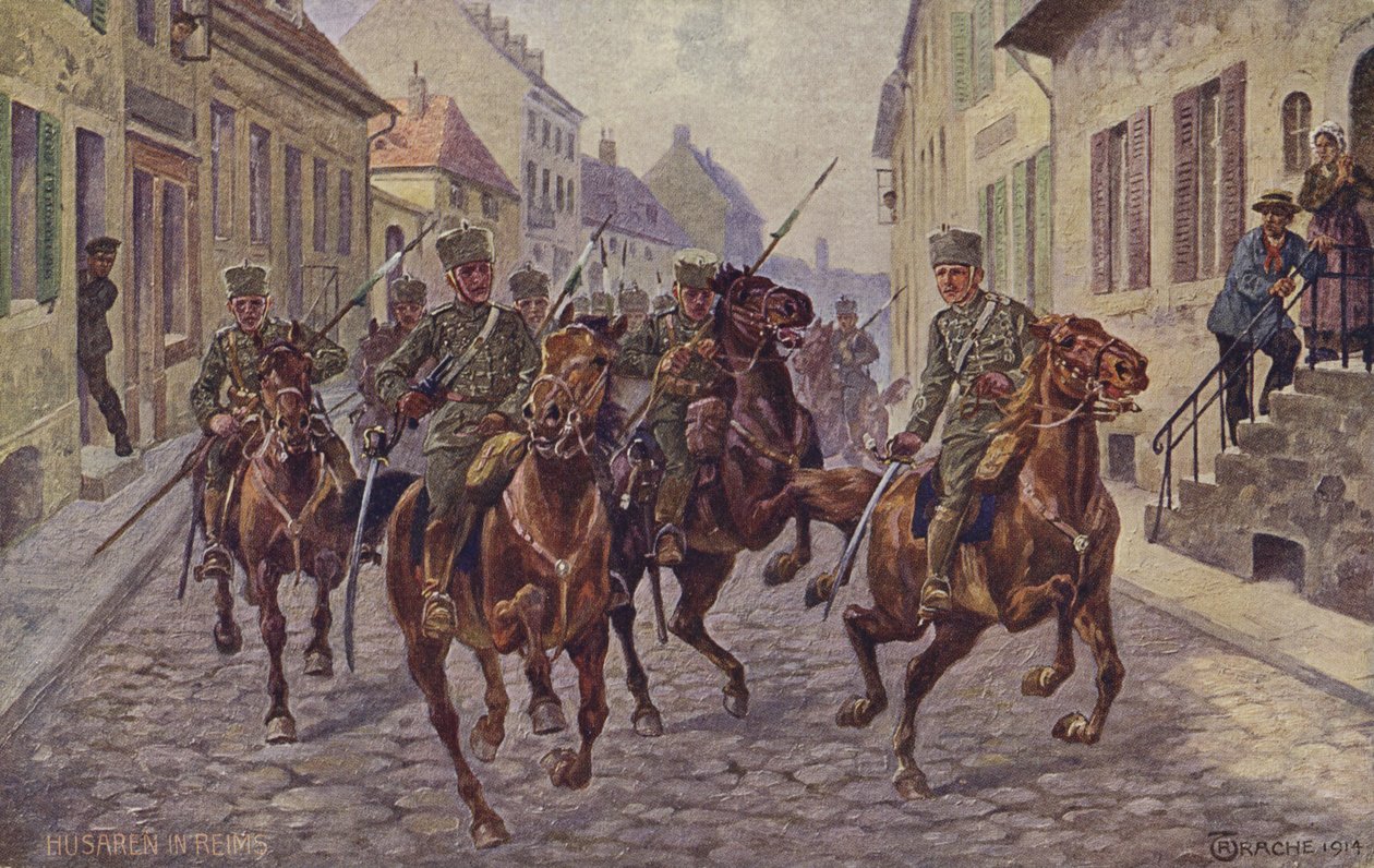 Reimsin kaupungin väliaikainen valtaaminen saksalaisten husaarien toimesta, ensimmäinen maailmansota, 9. syyskuuta 1914 (värilitografia). tekijältä German School