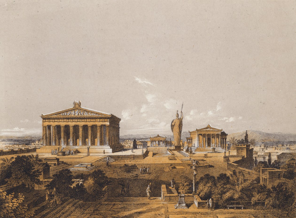 Akropolis, Ateena, Periklesin aikana (värilitografia). tekijältä German School