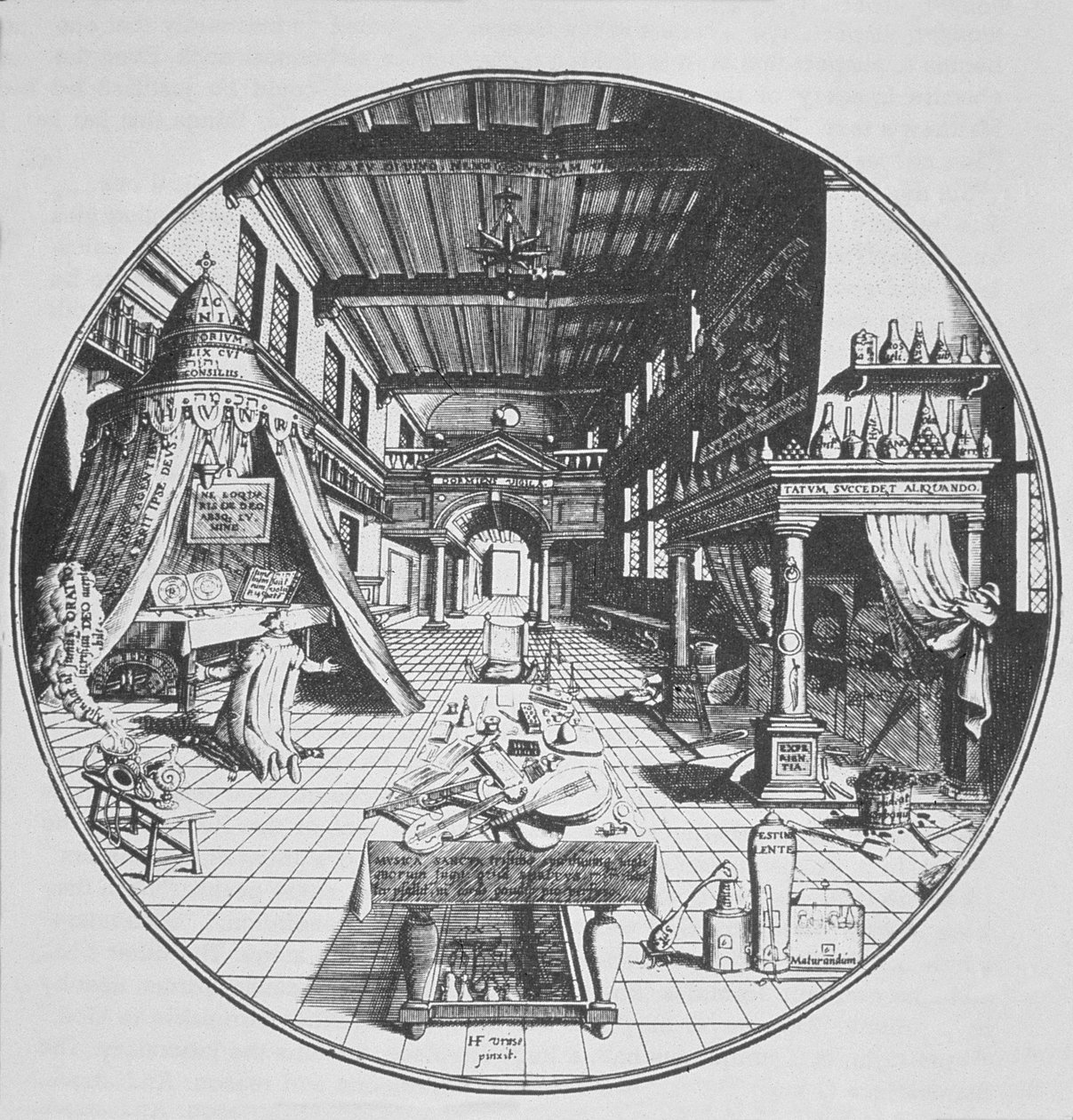 Alkemisti laboratoriossa, Amphitheatrum Aeternae Sapientiaesta, Heinrich Kunrathin (1609), kuvitettu 1800-luvun lopulla julkaistussa taikuuden historiassa tekijältä German School