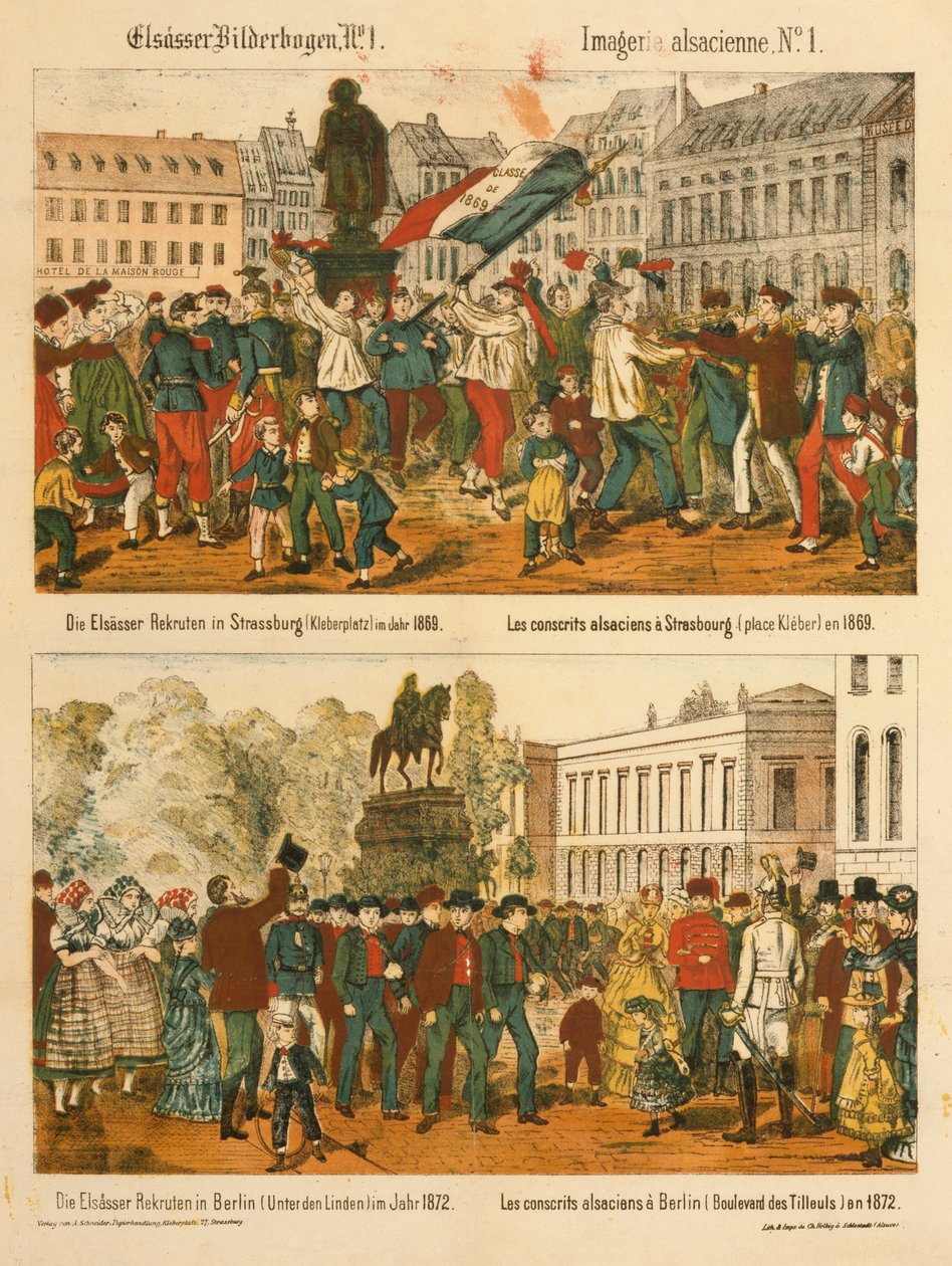 Alsace värvää Strasbourgissa (Kleberplatz) vuonna 1869 ja Berliinissä (Under den Linden) vuonna 1872 Elsaesser Bilderbogenilta, julkaisija A. Schneider, Strasbourg, 1873 tekijältä German School