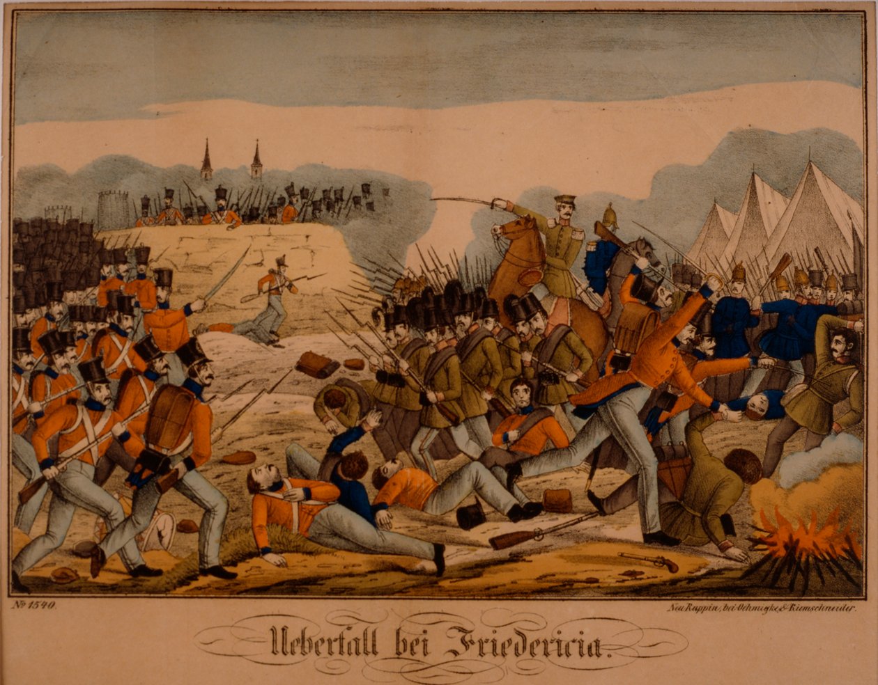 Frederician taistelu ensimmäisen Schleswig-sodan aikana, 6. heinäkuuta 1849, Neuruppiner Bilderbogen, julkaisija Oehmigke & Riemschneider, noin 1850 tekijältä German School