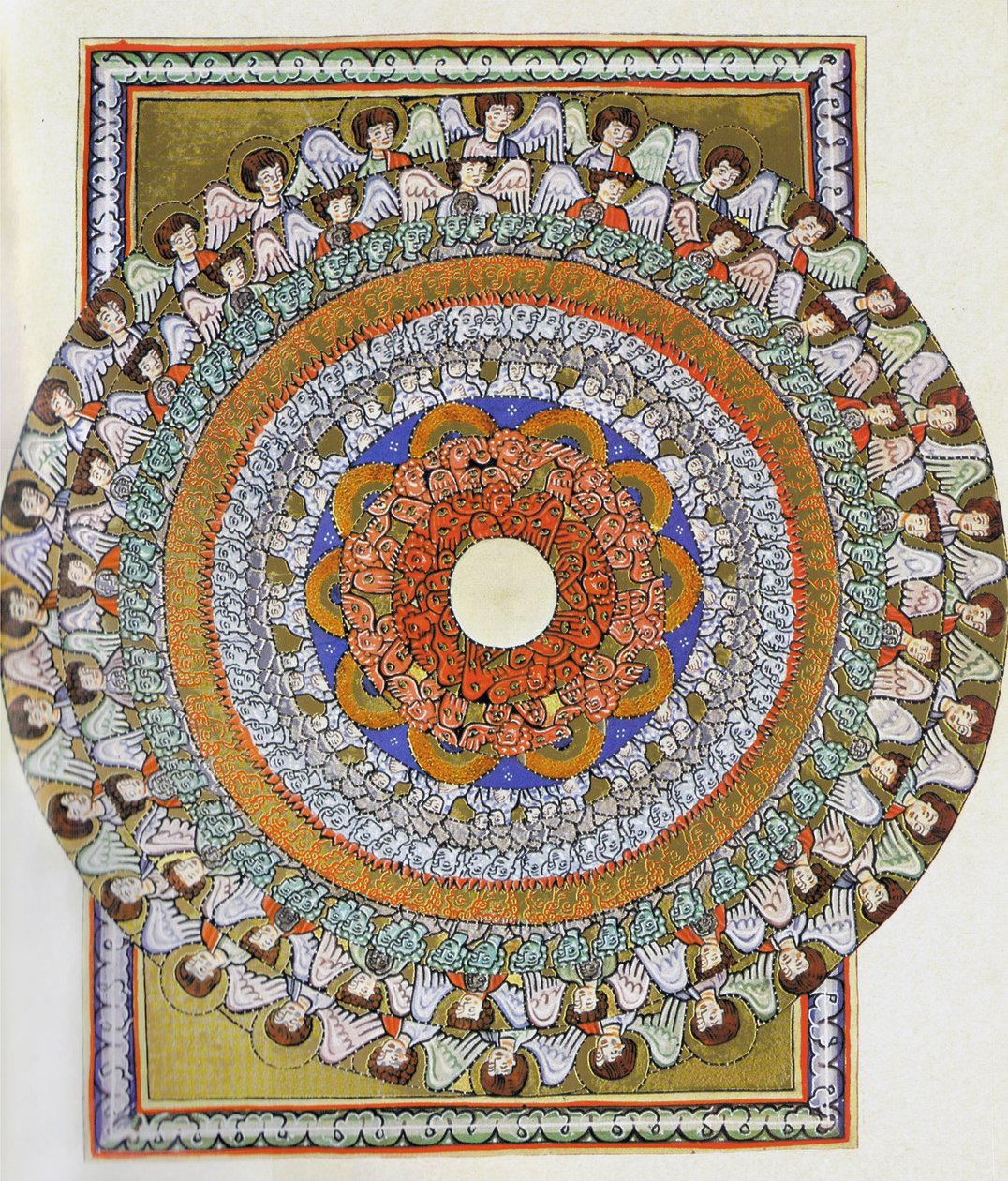 Enkelien kuoro. Miniatyyri Liber Sciviasta, Hildegard of Bingen, n. 1175 (akvarelli pergamentille) tekijältä German School